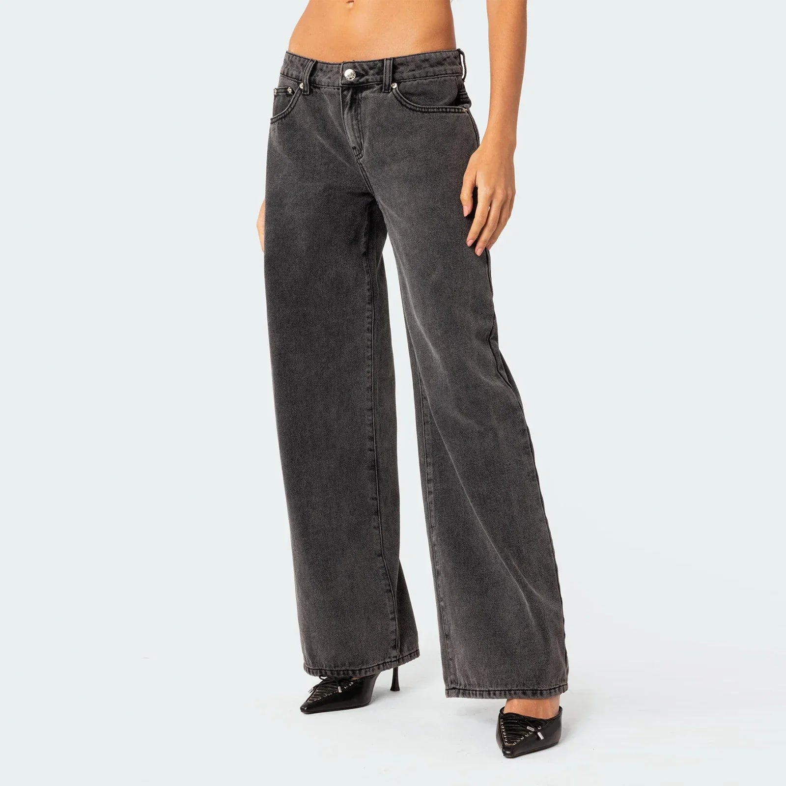 Weitbein-Jeans im 5-Pocket-Stil mit weitem Bein - Schwarz