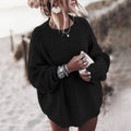 Oversize Pullover Damen in Grobstrick, langer Strickpullover mit Rundhals in Schwarz