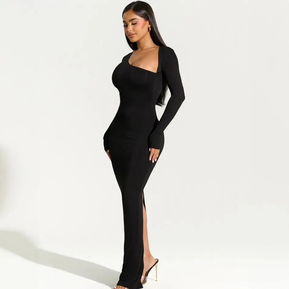 Schwarzes Maxikleid Damen langarm mit asymmetrischem Ausschnitt