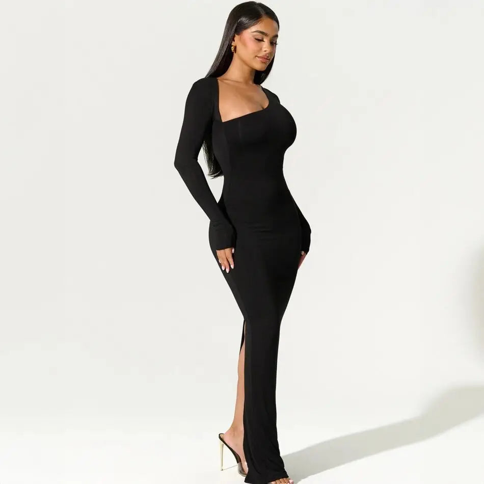 Schwarzes Maxikleid Damen langarm mit asymmetrischem Ausschnitt