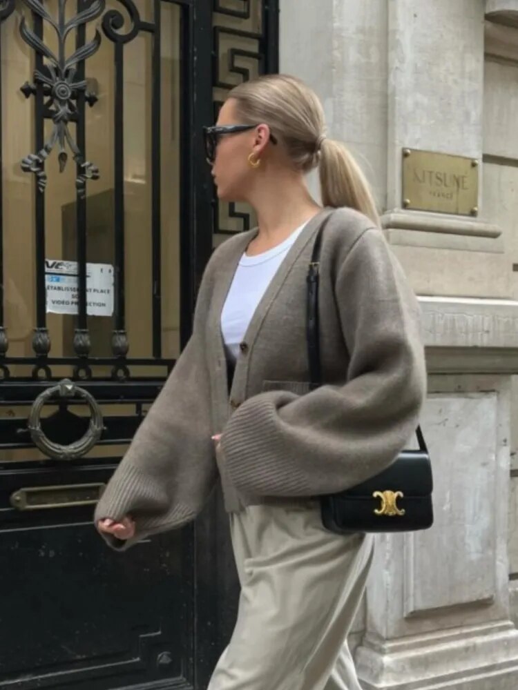 Strickjacke Damen mit V-Ausschnitt und Taschen, Cardigan mit Knopfleiste - Ansicht 5