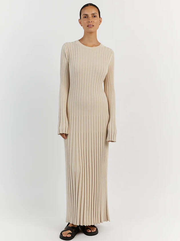 Strickkleid Damen langarm mit Rundhals und Bindeband, Maxi-Länge