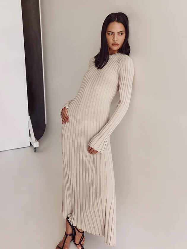 Strickkleid Damen langarm mit Rundhals und Bindeband, Maxi-Länge