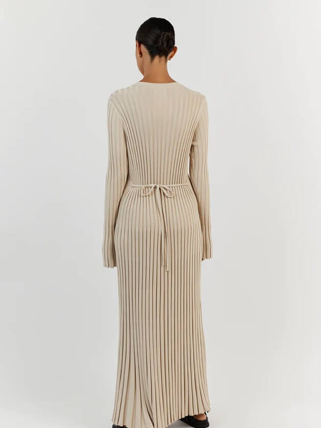 Strickkleid Damen langarm mit Rundhals und Bindeband, Maxi-Länge