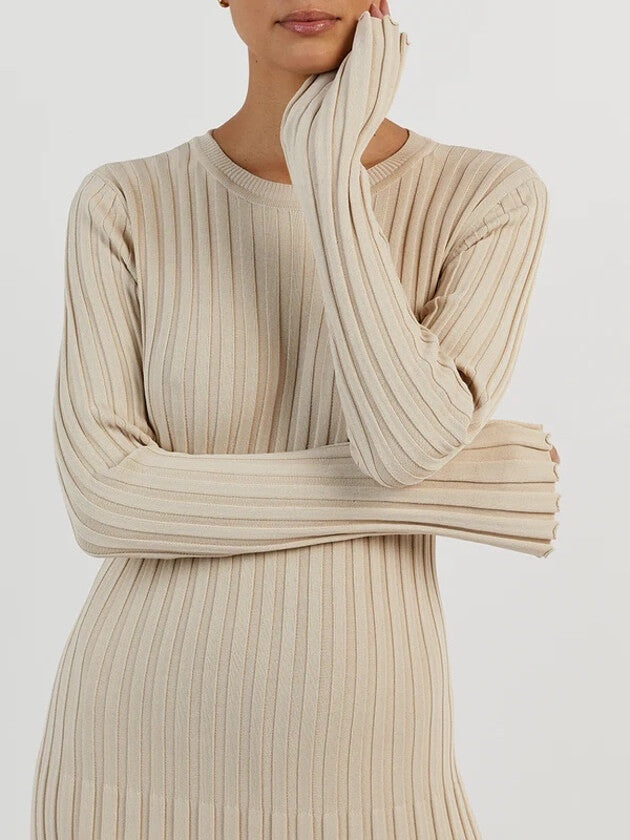 Strickkleid Damen langarm mit Rundhals und Bindeband, Maxi-Länge in Beige