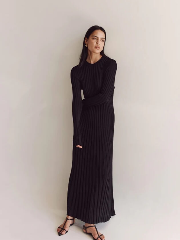 Strickkleid Damen langarm mit Rundhals und Bindeband, Maxi-Länge