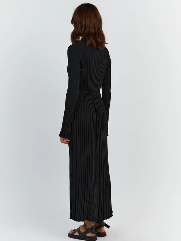 Strickkleid Damen langarm mit Rundhals und Bindeband, Maxi-Länge