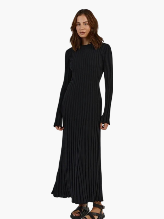 Strickkleid Damen langarm mit Rundhals und Bindeband, Maxi-Länge - Ansicht 1