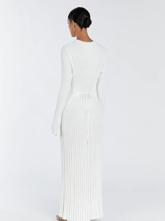 Strickkleid Damen langarm mit Rundhals und Bindeband, Maxi-Länge