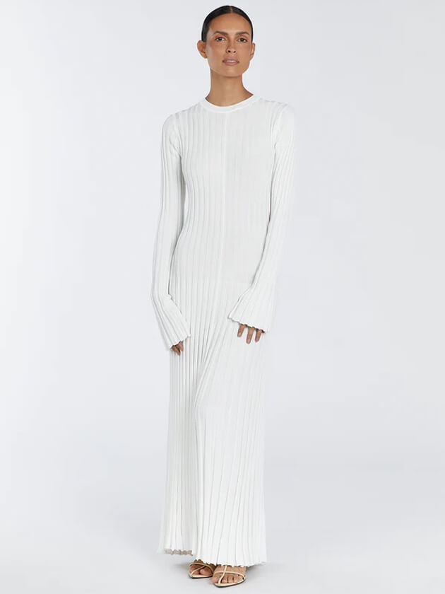 Strickkleid Damen langarm mit Rundhals und Bindeband, Maxi-Länge