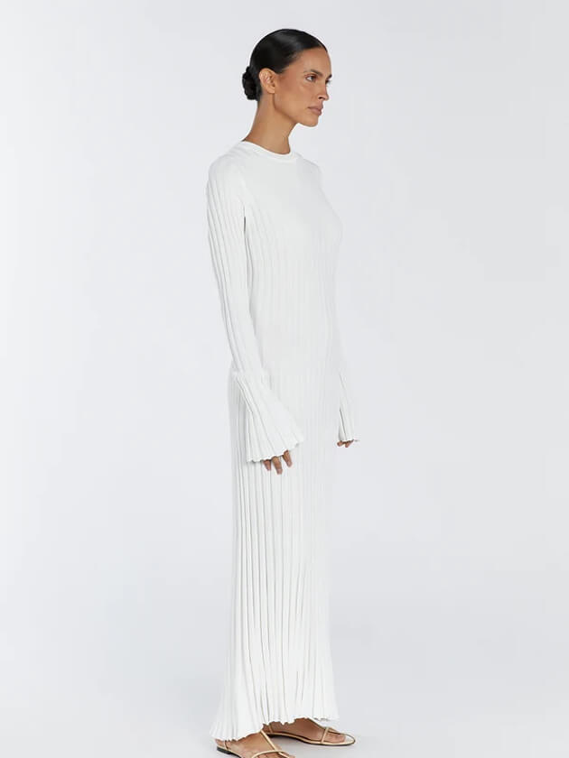 Strickkleid Damen langarm mit Rundhals und Bindeband, Maxi-Länge