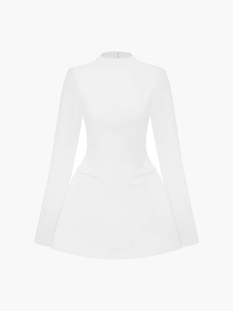 Minikleid Damen langarm mit Stehkragen, A-Linie und Pattentaschen in Weiß