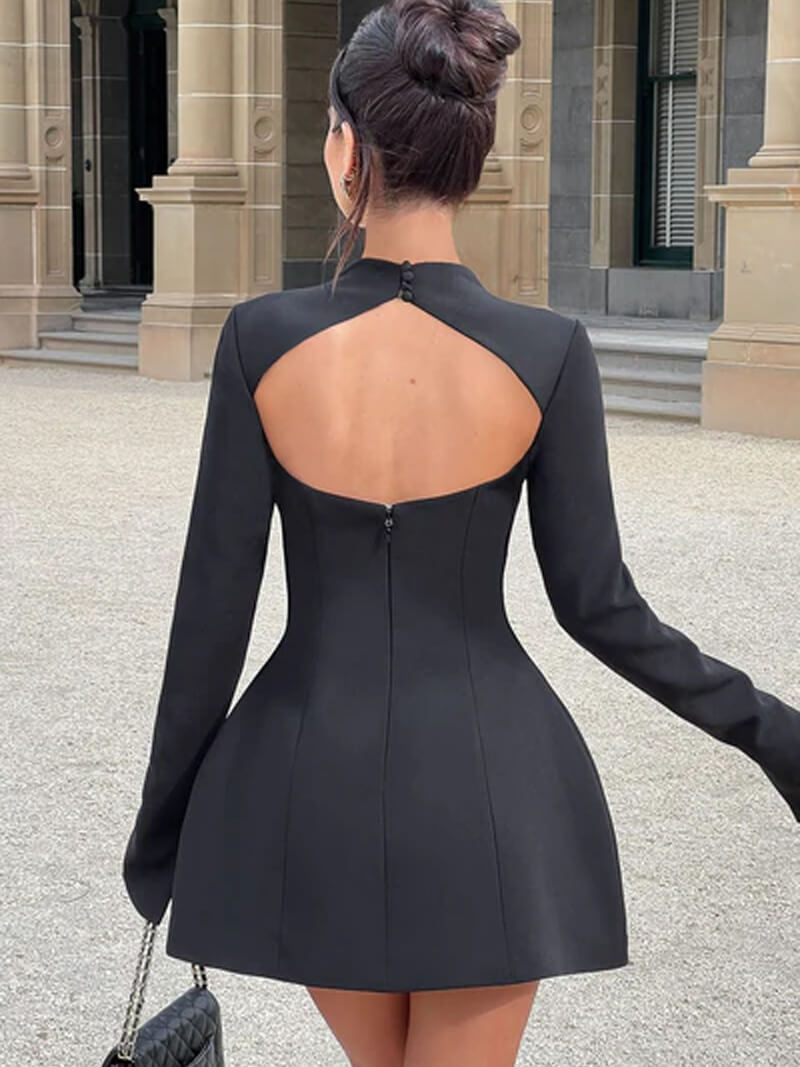 Minikleid Damen langarm mit Stehkragen, A-Linie und Pattentaschen