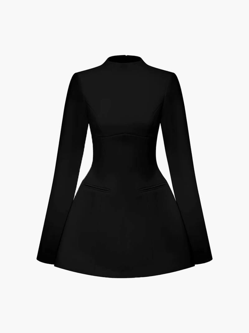 Minikleid Damen langarm mit Stehkragen, A-Linie und Pattentaschen in Schwarz