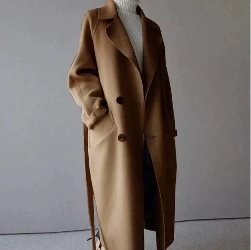 Wollmantel Damen mit Bindegürtel – Langer Mantel mit Revers – Braun