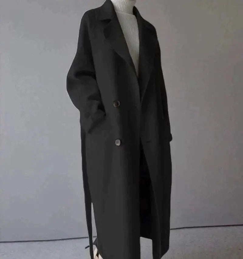 Wollmantel Damen mit Bindegürtel – Langer Mantel mit Revers – Schwarz
