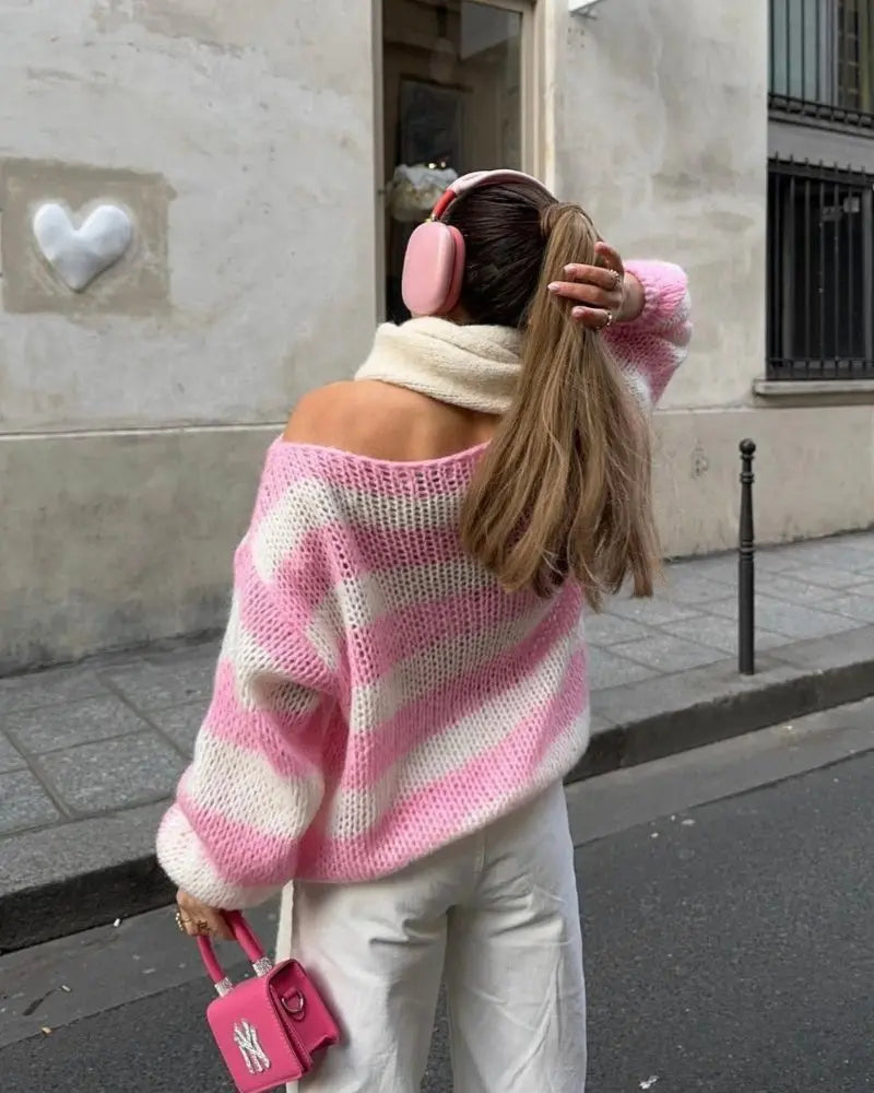 Oversize Pullover Damen mit Blockstreifen, Grobstrick mit Rundhals - Ansicht 6