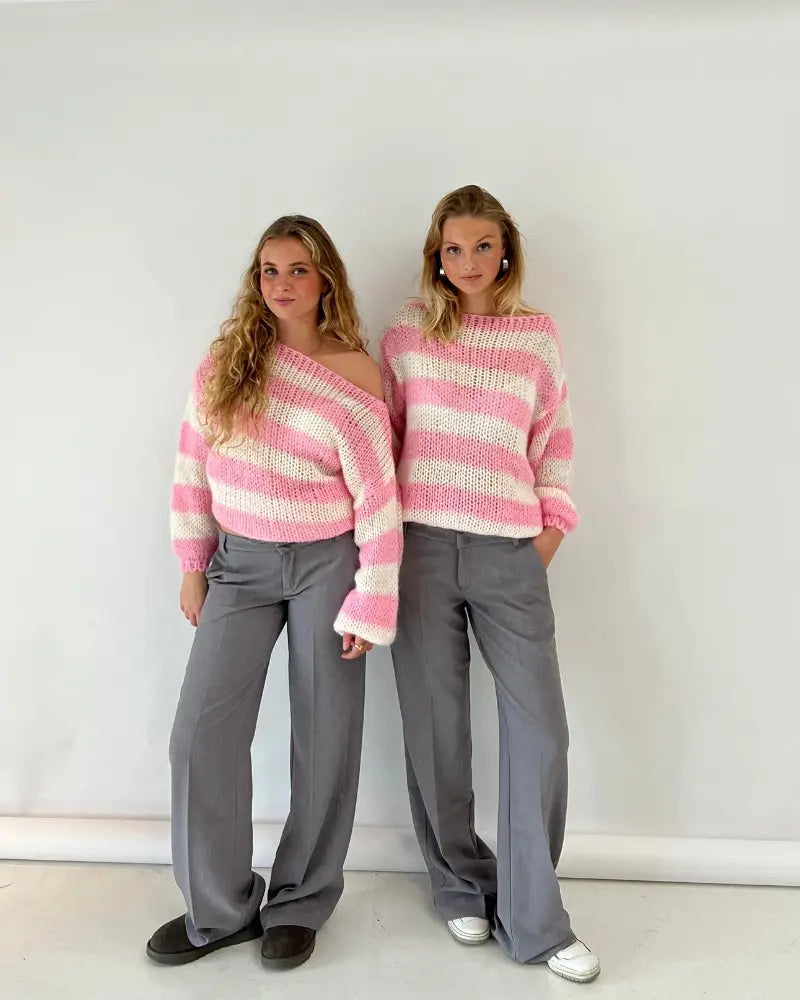 Oversize Pullover Damen mit Blockstreifen, Grobstrick mit Rundhals in Rosa