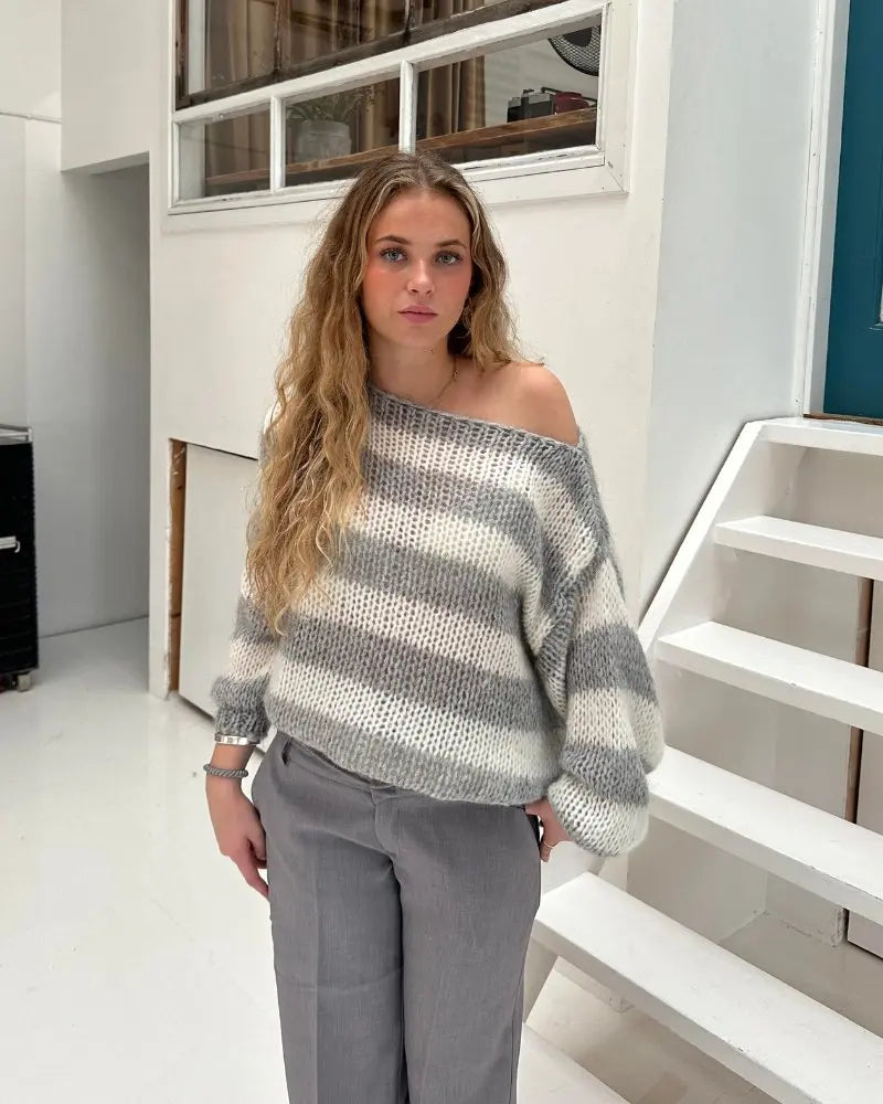 Oversize Pullover Damen mit Blockstreifen, Grobstrick mit Rundhals in Grau
