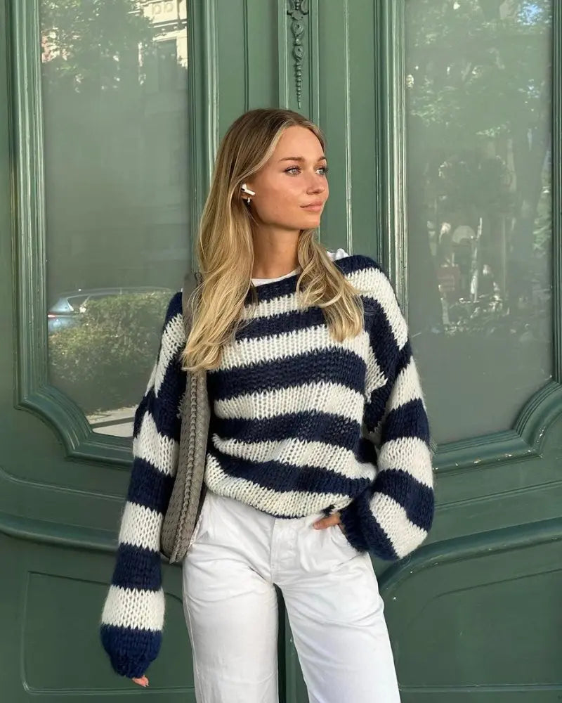 Oversize Pullover Damen mit Blockstreifen, Grobstrick mit Rundhals - Ansicht 3