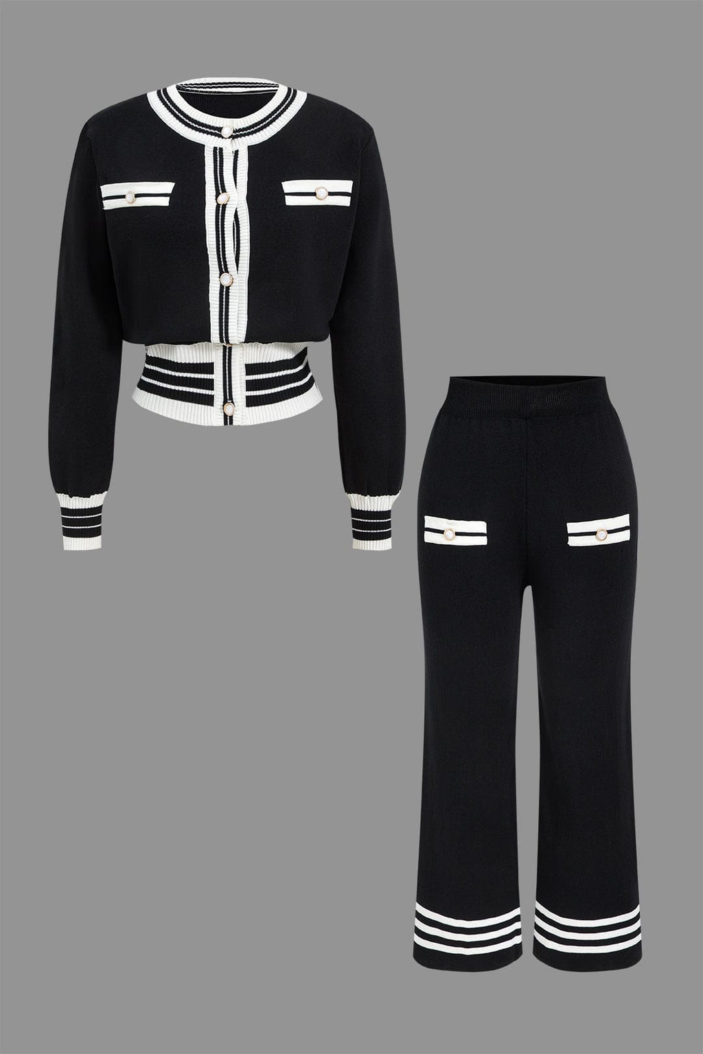 Strick-Set Damen: kurzer Cardigan mit Kontraststreifen und weiter Hose in Schwarz