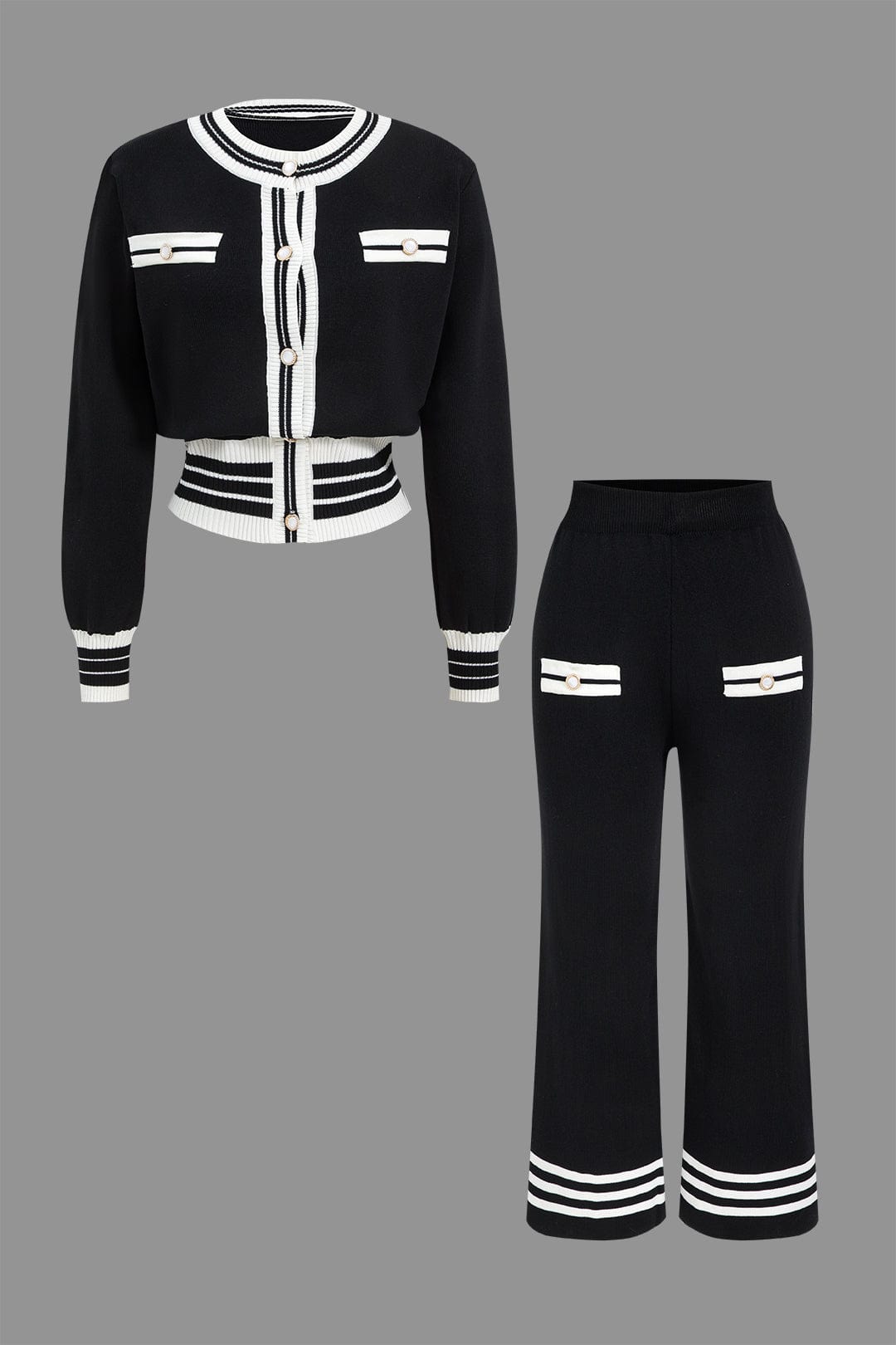 Strick-Set Damen: kurzer Cardigan mit Kontraststreifen und weiter Hose in Schwarz