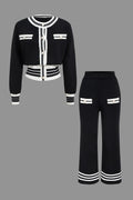 Strick-Set Damen: kurzer Cardigan mit Kontraststreifen und weiter Hose in Schwarz