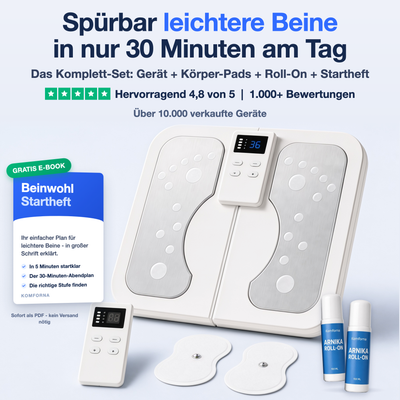 Beinwohl Komplett-Set: Fußmassagegerät mit Fernbedienung, Körper-Pads, Roll-On und Startheft (E-Book)