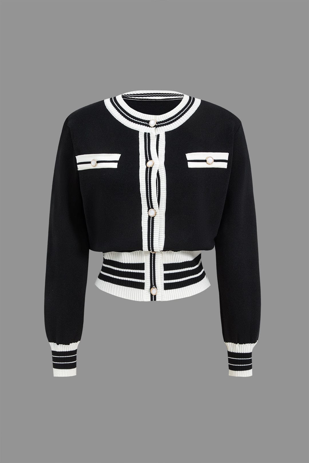 Strick-Set Damen: kurzer Cardigan mit Kontraststreifen und weiter Hose - Ansicht 2