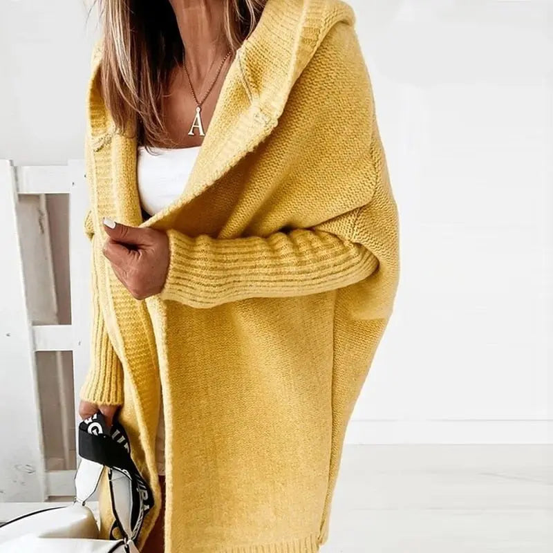 Lange Strickjacke Damen mit Kapuze, offener Cardigan in Rippstrick in Gelb