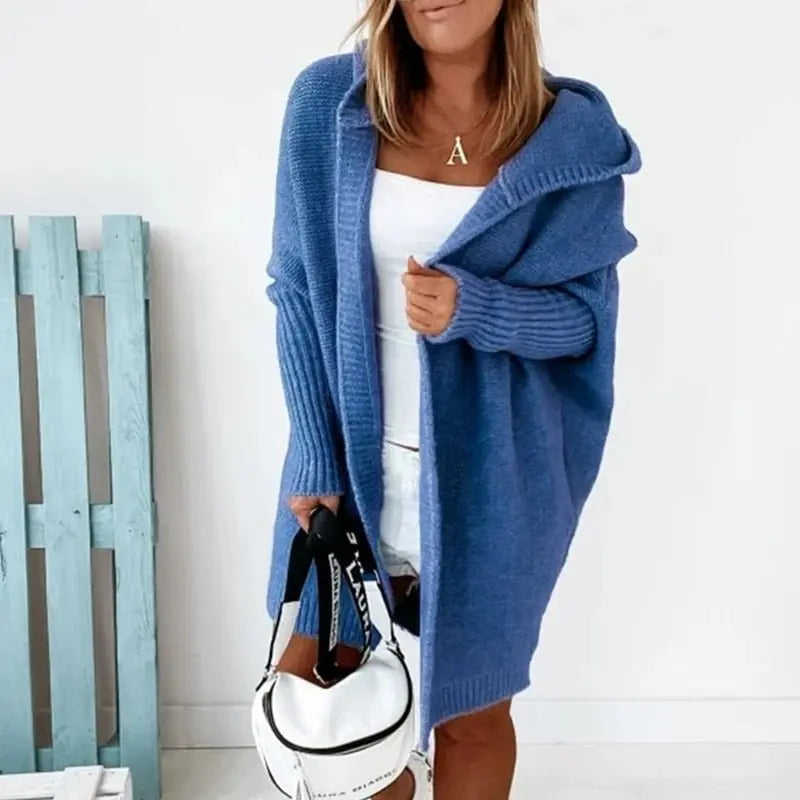 Lange Strickjacke Damen mit Kapuze, offener Cardigan in Rippstrick in Blau