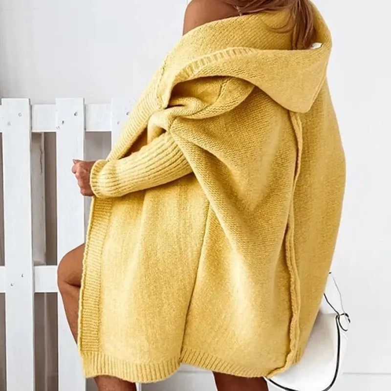 Lange Strickjacke Damen mit Kapuze, offener Cardigan in Rippstrick - Ansicht 8
