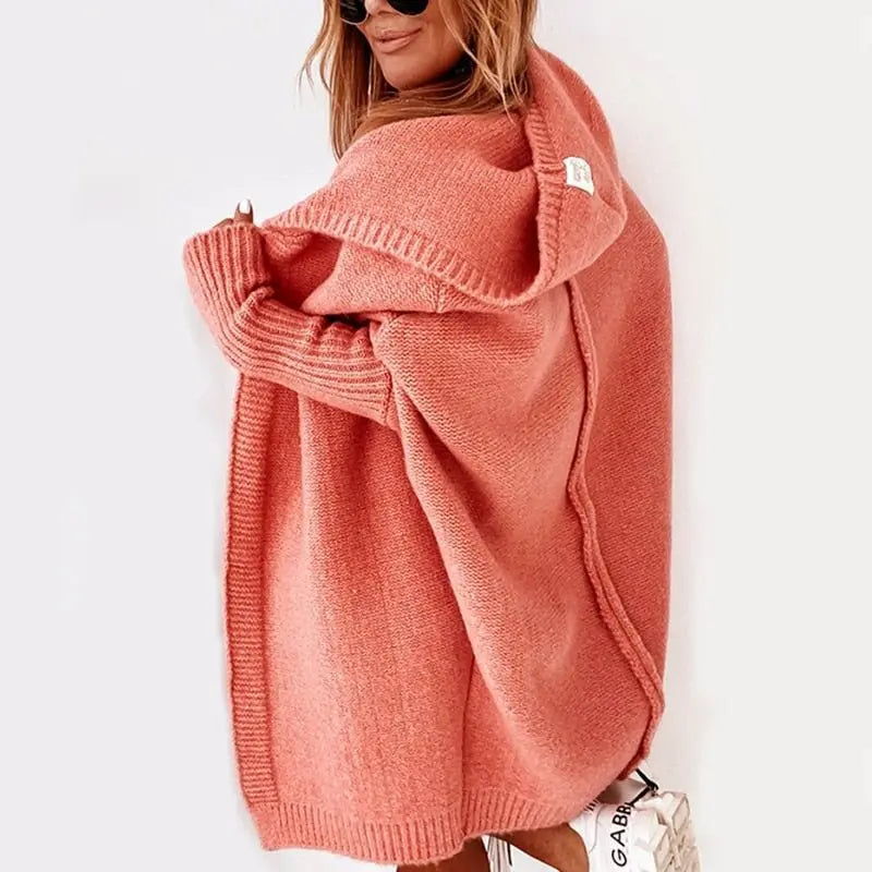 Lange Strickjacke Damen mit Kapuze, offener Cardigan in Rippstrick in Orange