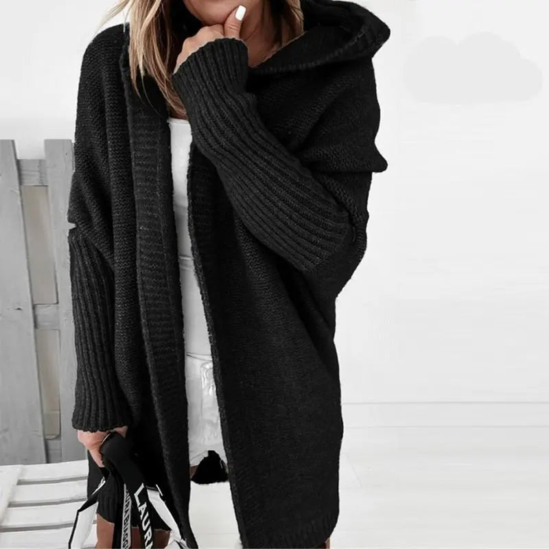 Lange Strickjacke Damen mit Kapuze, offener Cardigan in Rippstrick in Schwarz