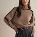 Rollkragenpullover Damen mit Kontrastnähten, Rippstrick-Kragen in Braun