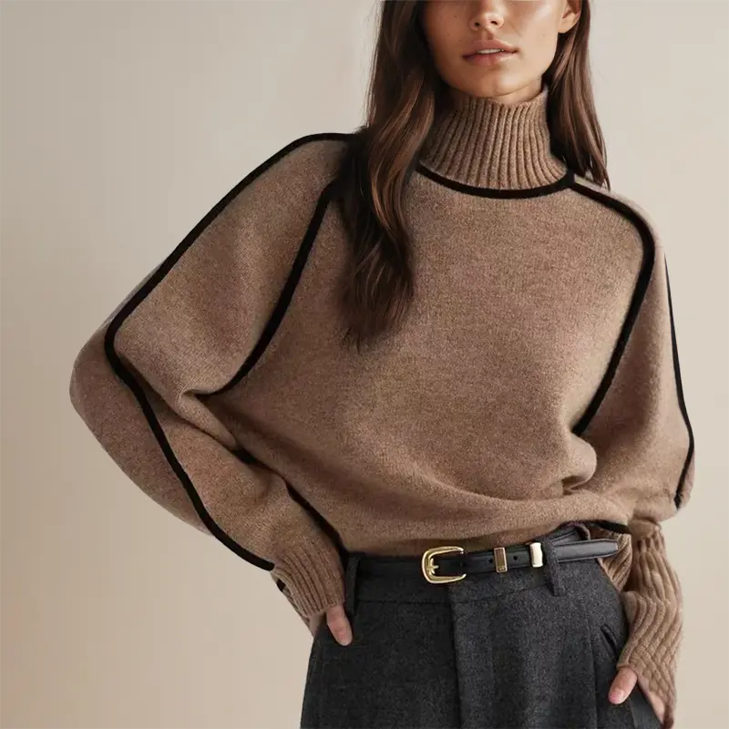 Rollkragenpullover Damen mit Kontrastnähten, Rippstrick-Kragen in Braun