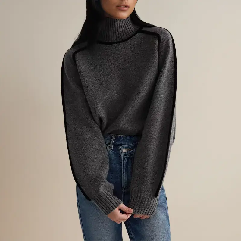 Rollkragenpullover Damen mit Kontrastnähten, Rippstrick-Kragen - Ansicht 6