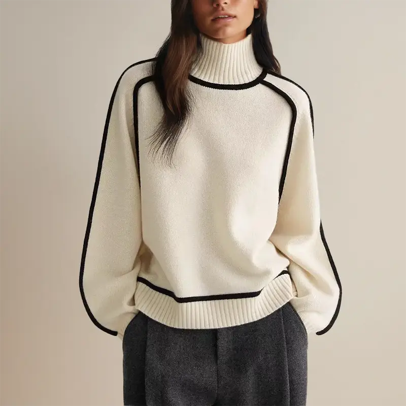 Rollkragenpullover Damen mit Kontrastnähten, Rippstrick-Kragen in Weiß