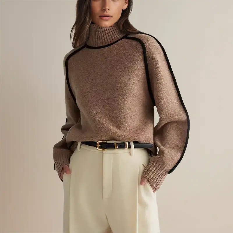 Rollkragenpullover Damen mit Kontrastnähten, Rippstrick-Kragen - Ansicht 4
