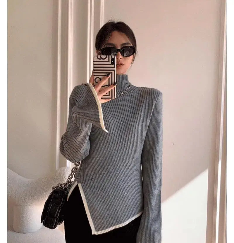 Rollkragenpullover Damen mit Kontrastkanten und Seitenschlitz in Grau