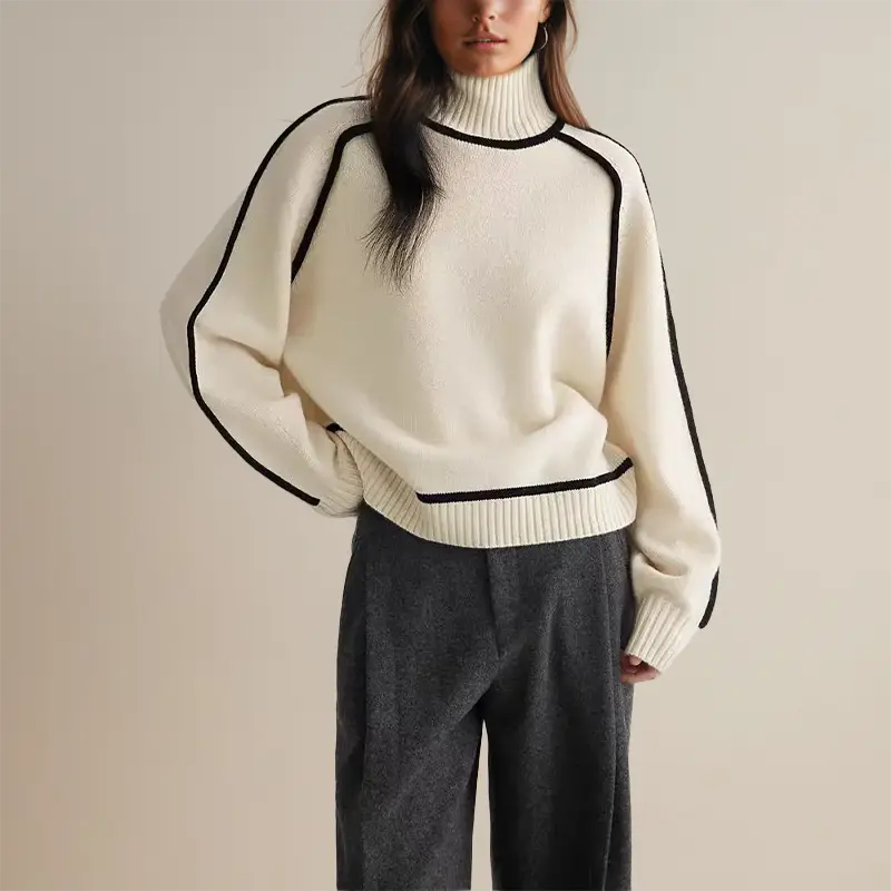 Rollkragenpullover Damen mit Kontrastnähten, Rippstrick-Kragen - Ansicht 2