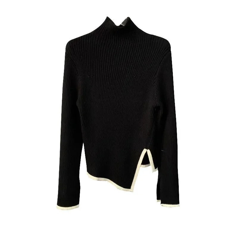Rollkragenpullover Damen mit Kontrastkanten und Seitenschlitz - Ansicht 8