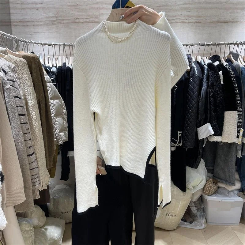 Rollkragenpullover Damen mit Kontrastkanten und Seitenschlitz - Ansicht 11