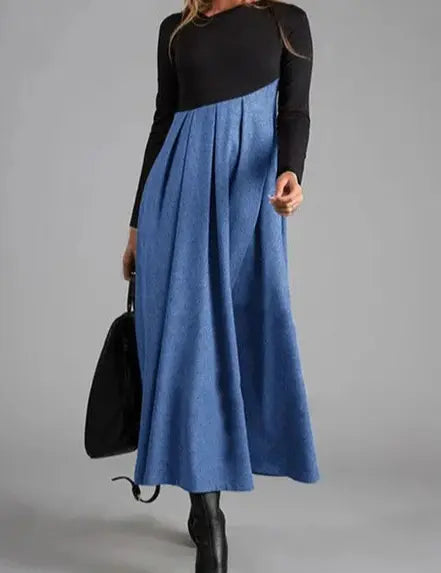 Maxikleid Damen langarm mit Kontrastoberteil und Faltenrock in Blau