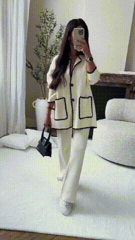 Strick-Set Damen: langer Cardigan mit Zierstich-Kanten und weiter Hose