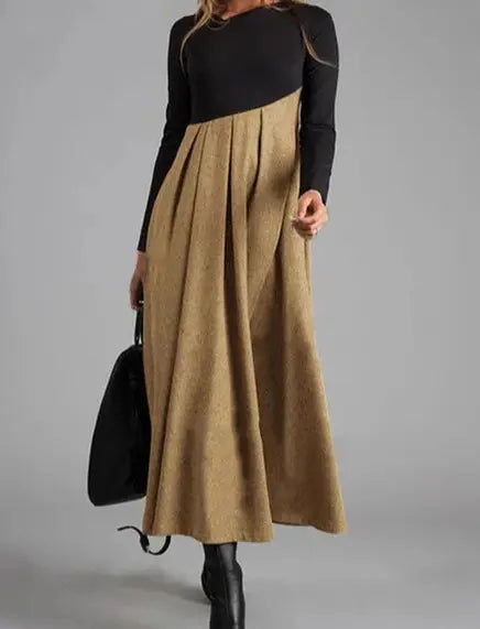 Maxikleid Damen langarm mit Kontrastoberteil und Faltenrock in Khaki