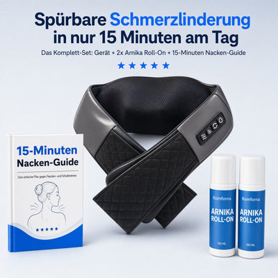 Das Komforna Komplett-Set: Gerät, 2x Arnika Roll-On und 15-Minuten Nacken-Guide