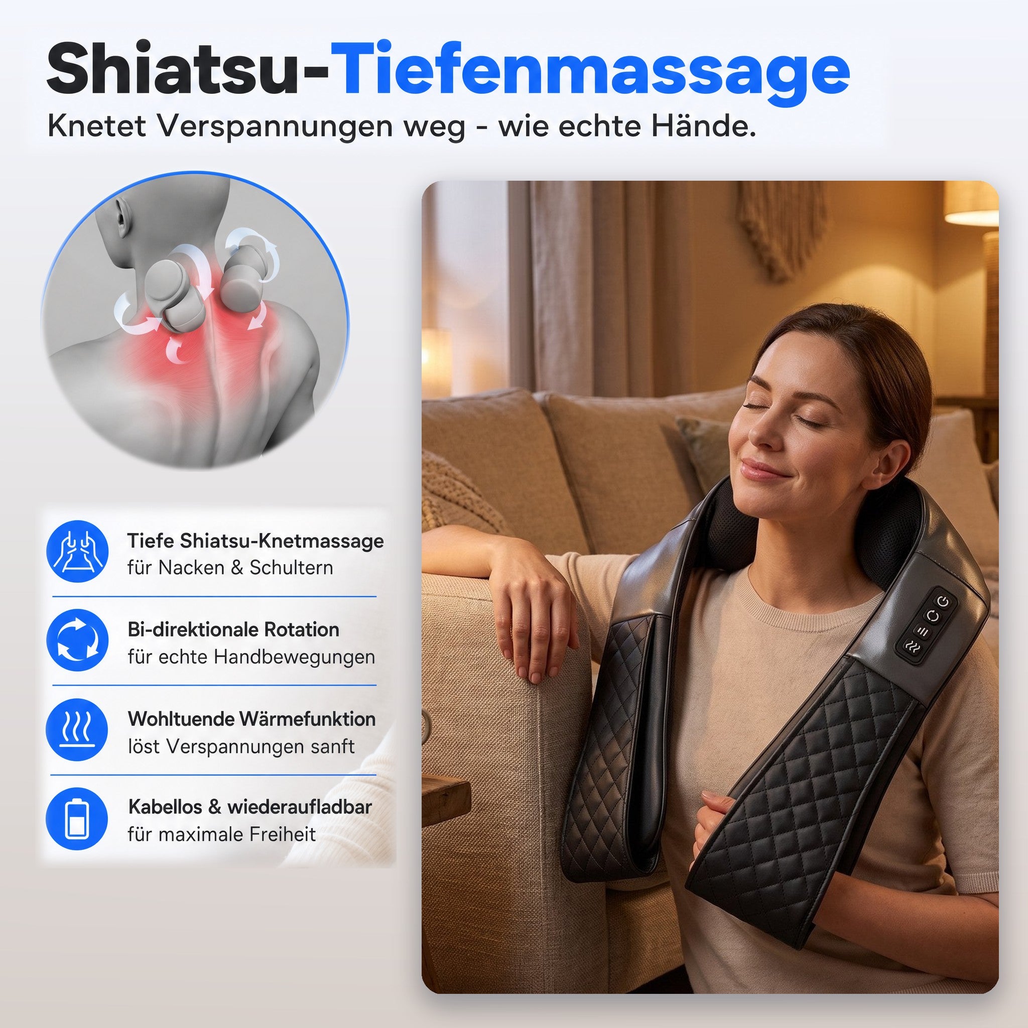 Shiatsu-Tiefenmassage: knetet Verspannungen weg wie echte Hände - Komforna Nackenmassagegerät mit Wärme