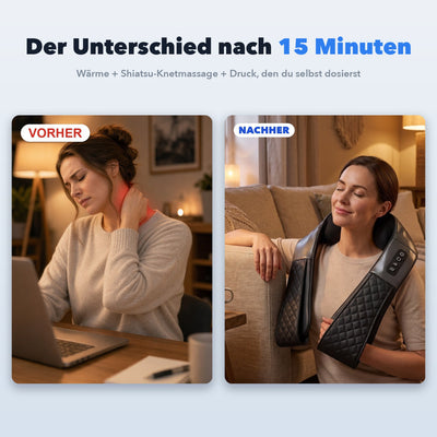 Der Unterschied nach 15 Minuten: vorher verspannt am Laptop, nachher entspannt mit Komforna
