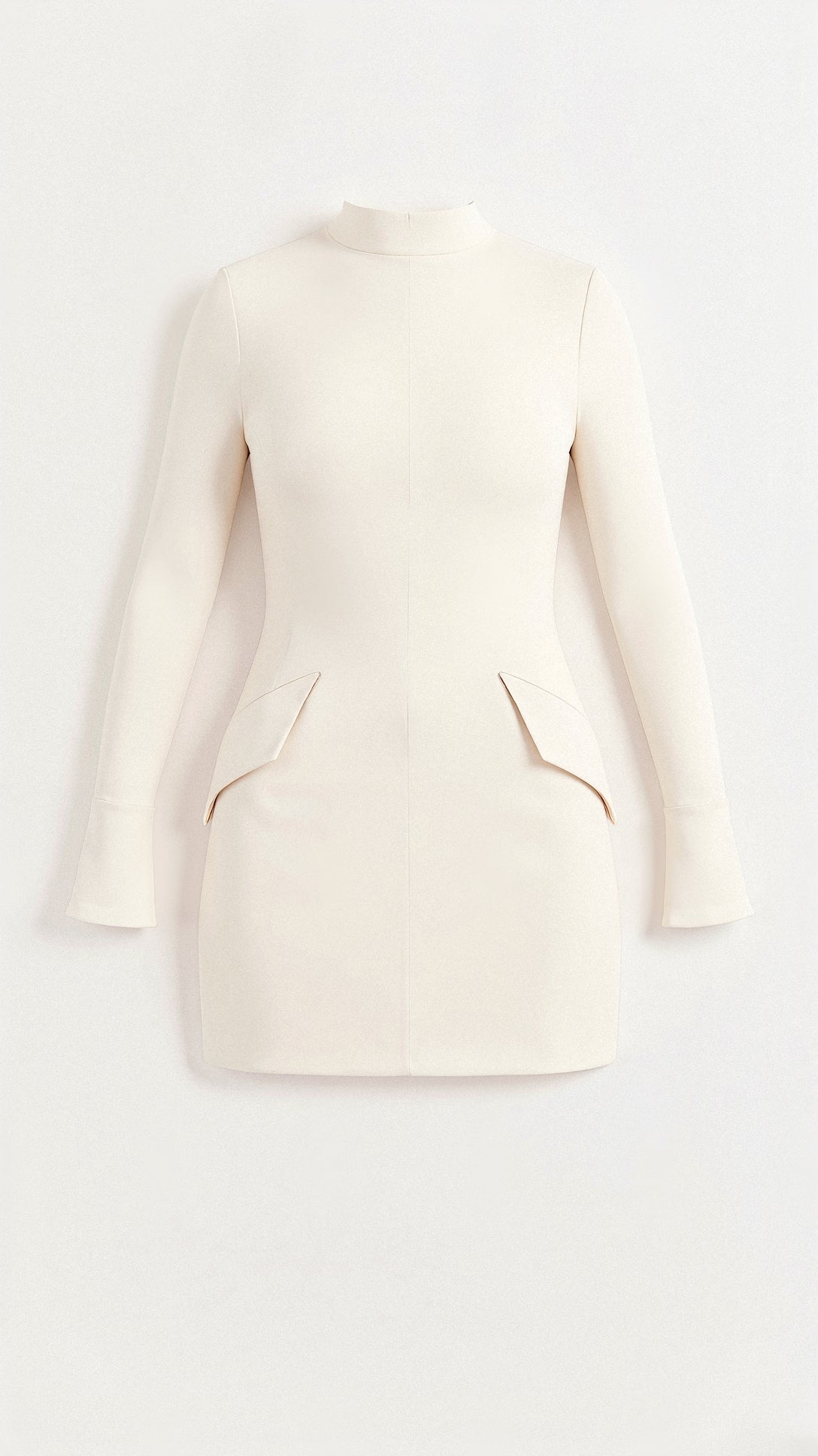 Etuikleid Damen langarm mit Stehkragen und Pattentaschen, kurz in Creme